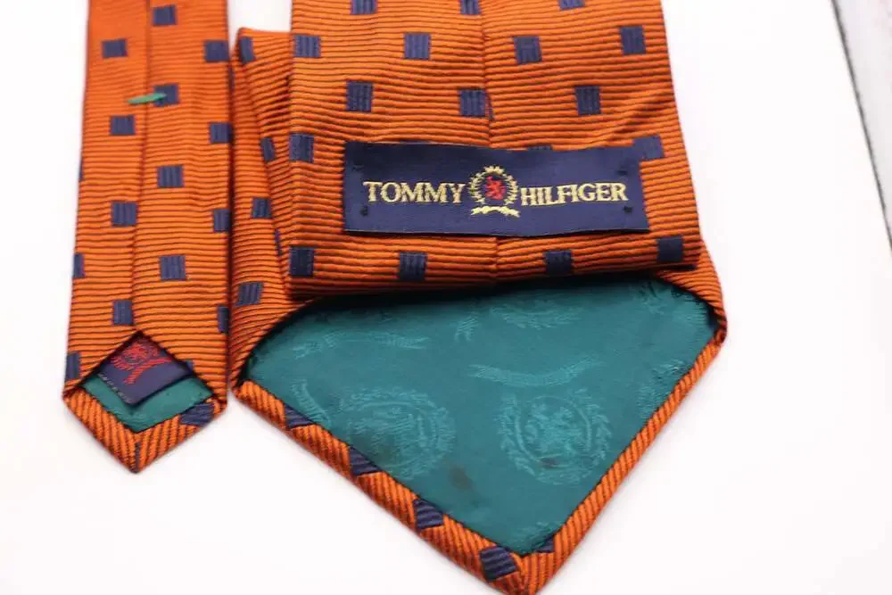 Tommy Hilfiger Men's Silk Necktie in Orange with Navy Blue Square Pattern